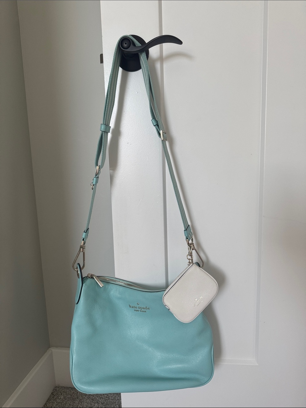 kate spade Pebbled Leather Shoulder Bag in Light Teal with White Coin Pouch